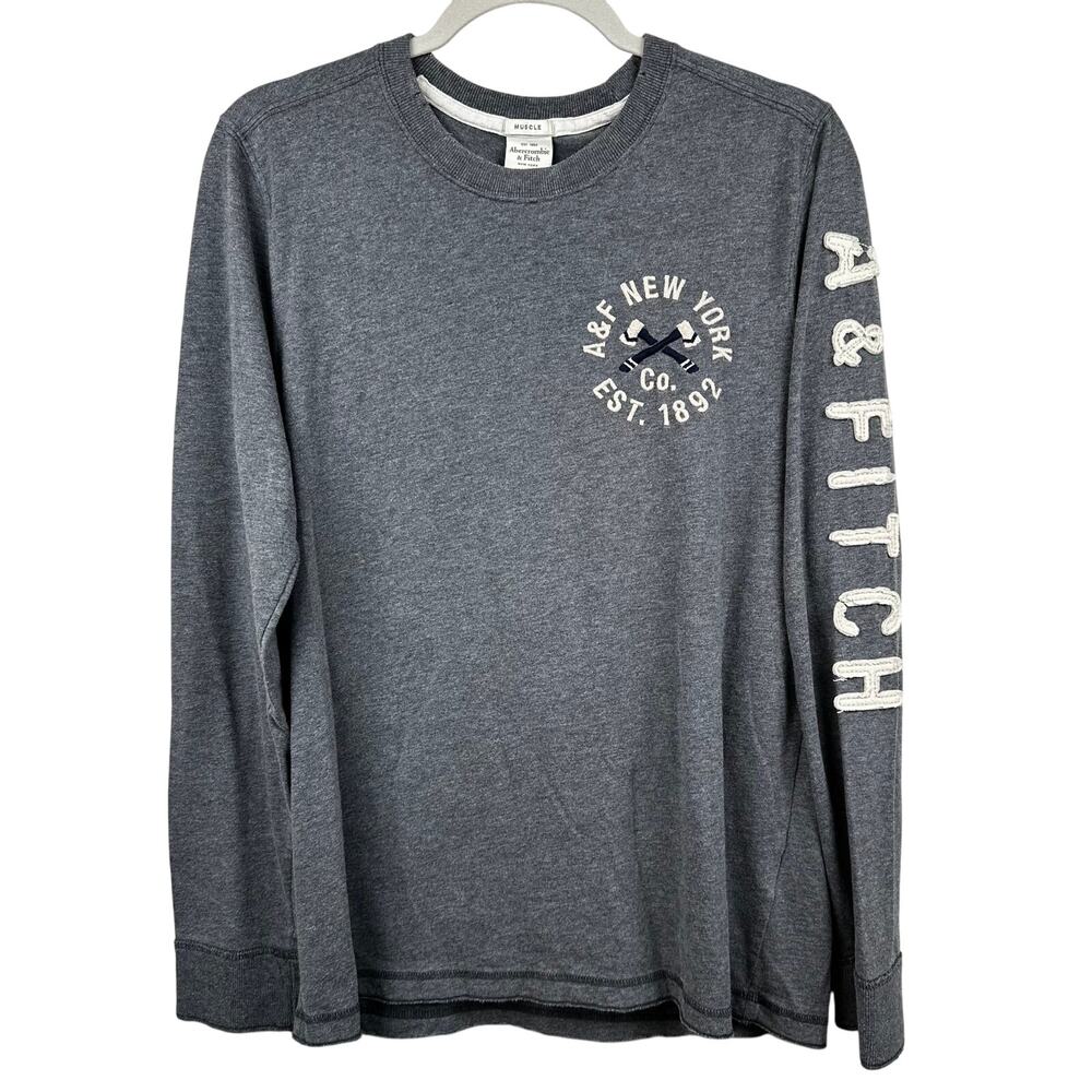 Abercrombie & Fitch Muscle Tee Long Sleeve Stitched Spell Out Gray Men's Medium